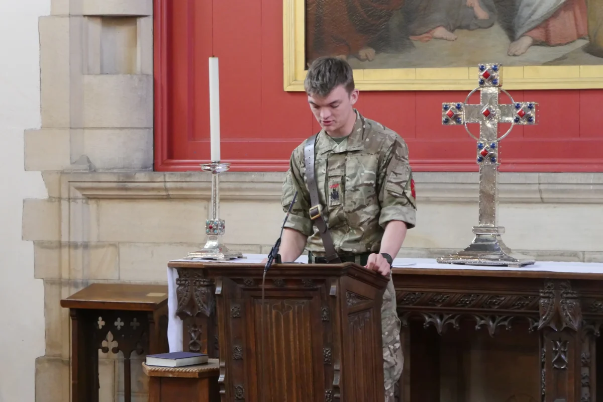 A Barnard Castle School student making a speech during VE Day.