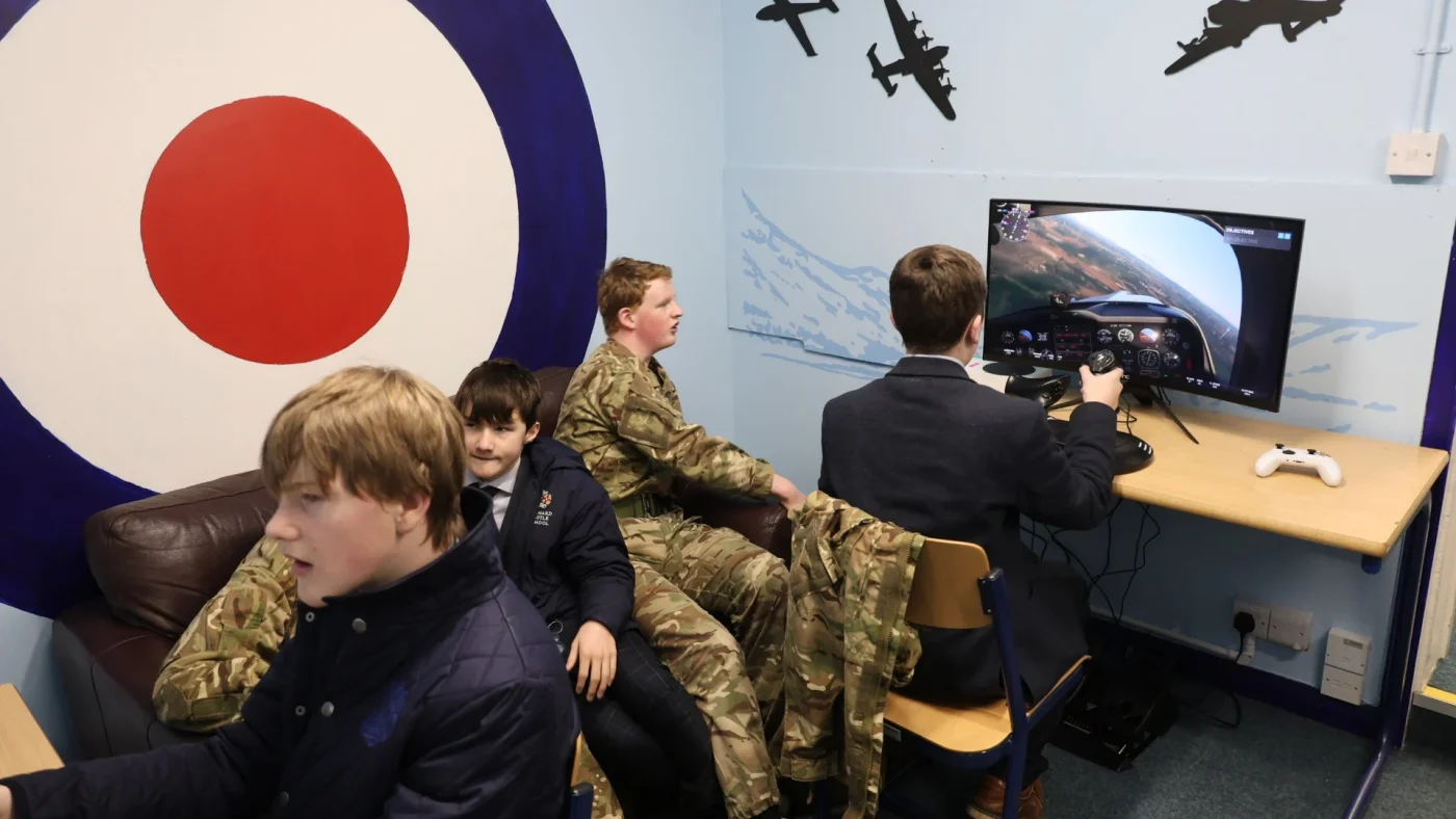 Cadets in Barnard Castle School's new RAF simulator room.